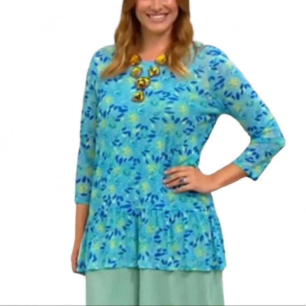 LOGO Layers by Lori Goldstein Printed Sheer Ruffle Hem Mesh Top